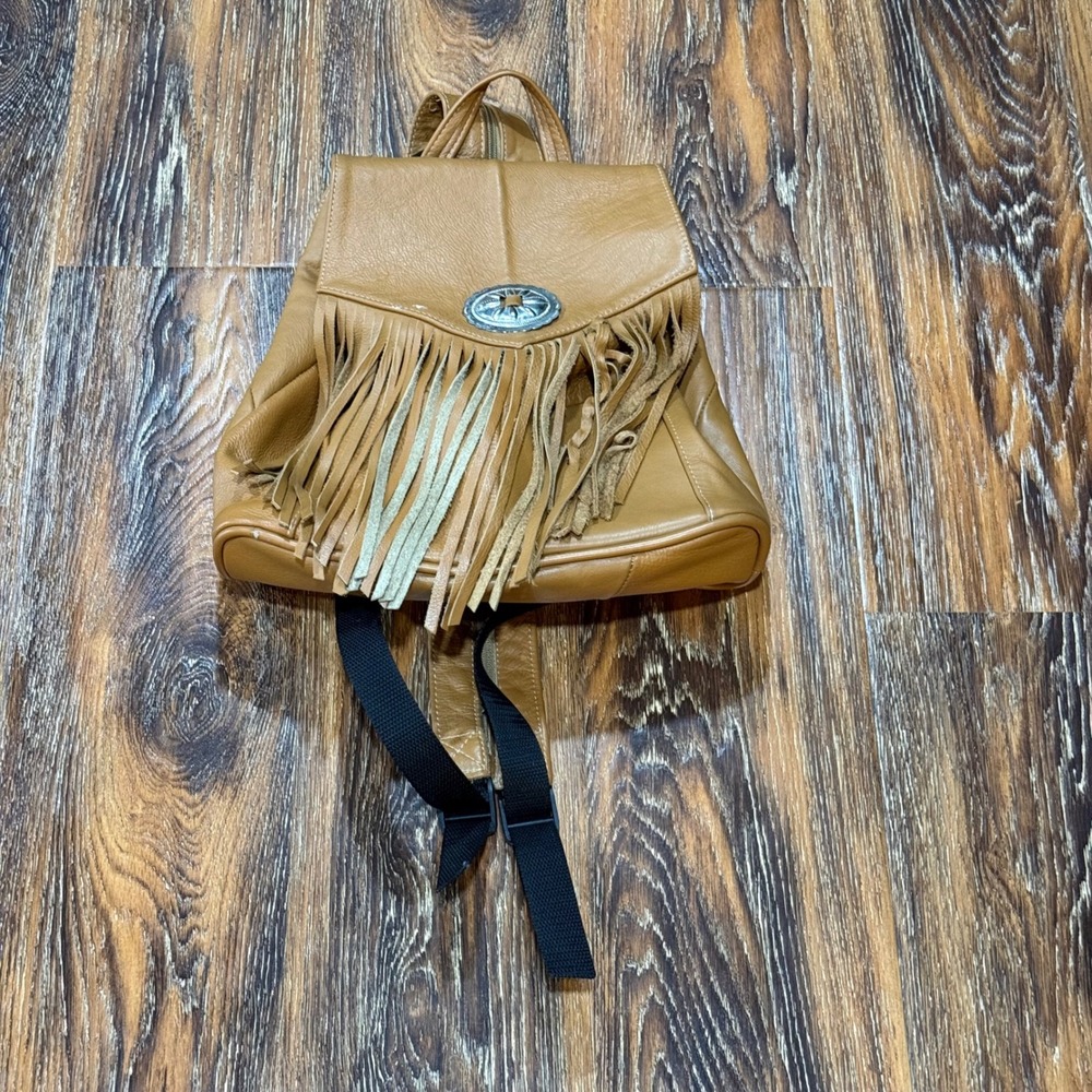 Small Leather Fringe Backpack Womens Tan Western Concho Sling Bag